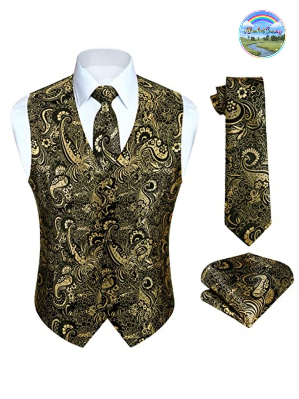 Mens Paisley Jacquard Vest Tie Set 3PC Silk Polyester Waistcoat Wedding